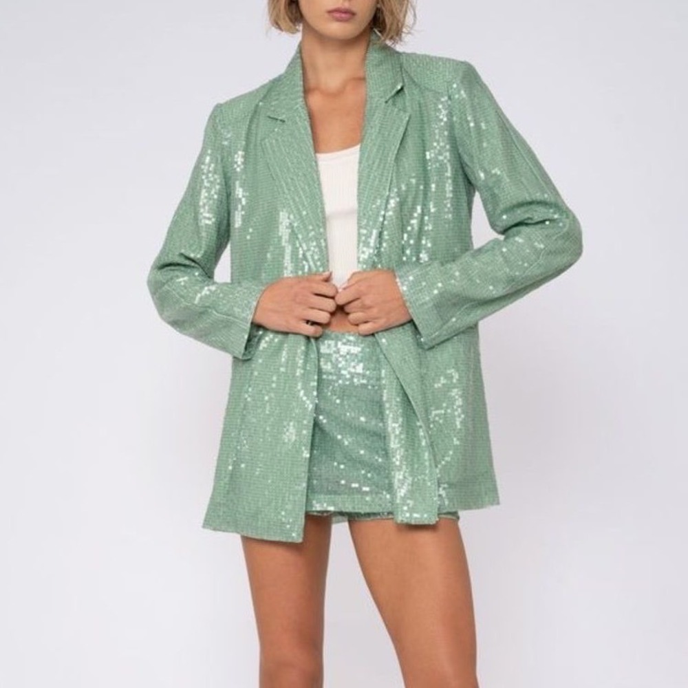 Nonchalant Label Farina‎ Sequin Blazer Small Sage Green Glam Party Jacket Chic